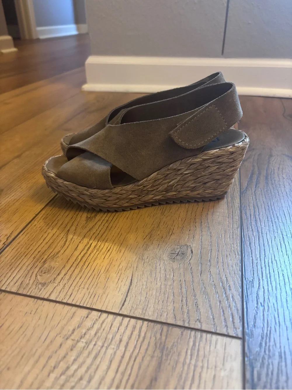 Pedro Garcia Taupe Suede Braided Platform Wedge Sandal